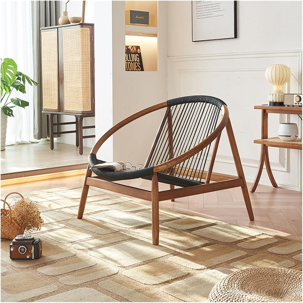 Lounge Chairs Wooden Sofa Leisure Chair Woven Hemp Rope Single Recliner, Chaise Longue and Terrace, Stylish