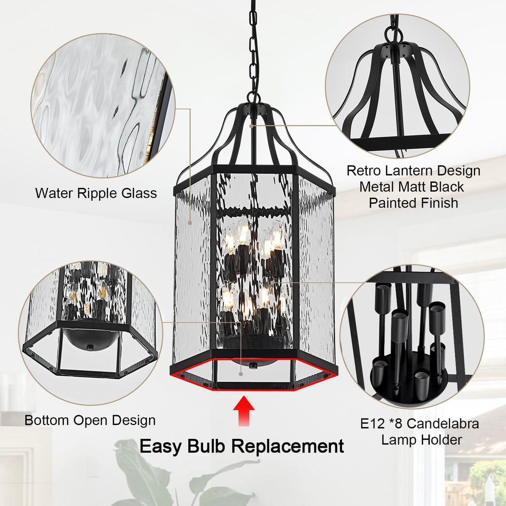 14" Modern 8-Light Exterior Black Lantern Pendant Light Fixture with Clear Rippled Glass Mini Industrial Hanging Cage