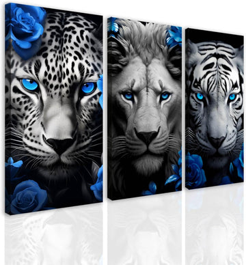 Lion Tiger Leopard Canvas Wall Art Set of 3 Black White Blue Decor Print Wildlife with Flowers Pictures Bedroom