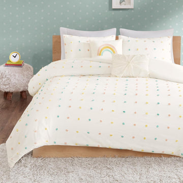 Girls Comforter Set, Ivory 5-Piece Kids Bedding, 100% Cotton Tufted Pom Pom Tufted Jacquard, All
