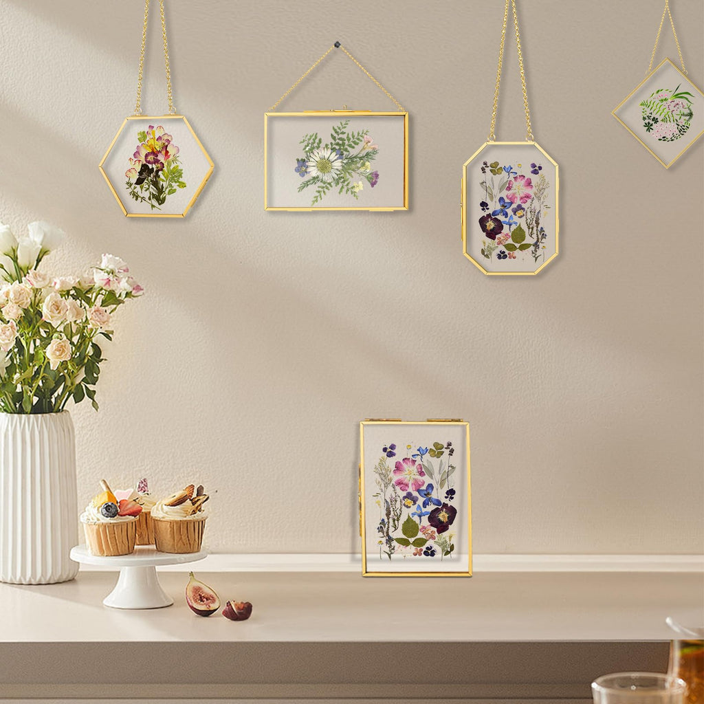 5 Pcs Pressed Flower Frames with Tweezers, Wall Hanging Tabletop Display Double Glass Frames with Metal Chain for