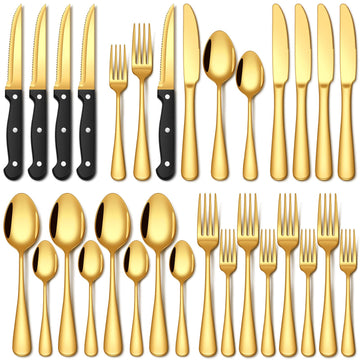 24 Piece Gold Silverware Set with Steak Knives Food Grade Stainless Steel Flatware Set for 4 Cutlery Utensil Set