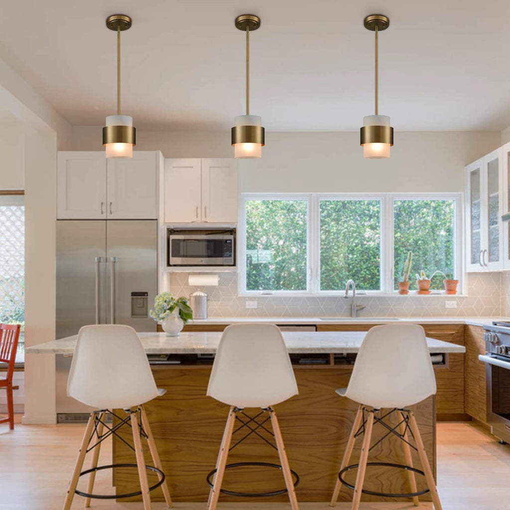 Modern Gold Mini Pendant Light with Frosted Cylinder Shade | E26 Adjustable Hanging Rod, Dimmable Compatible Indoor