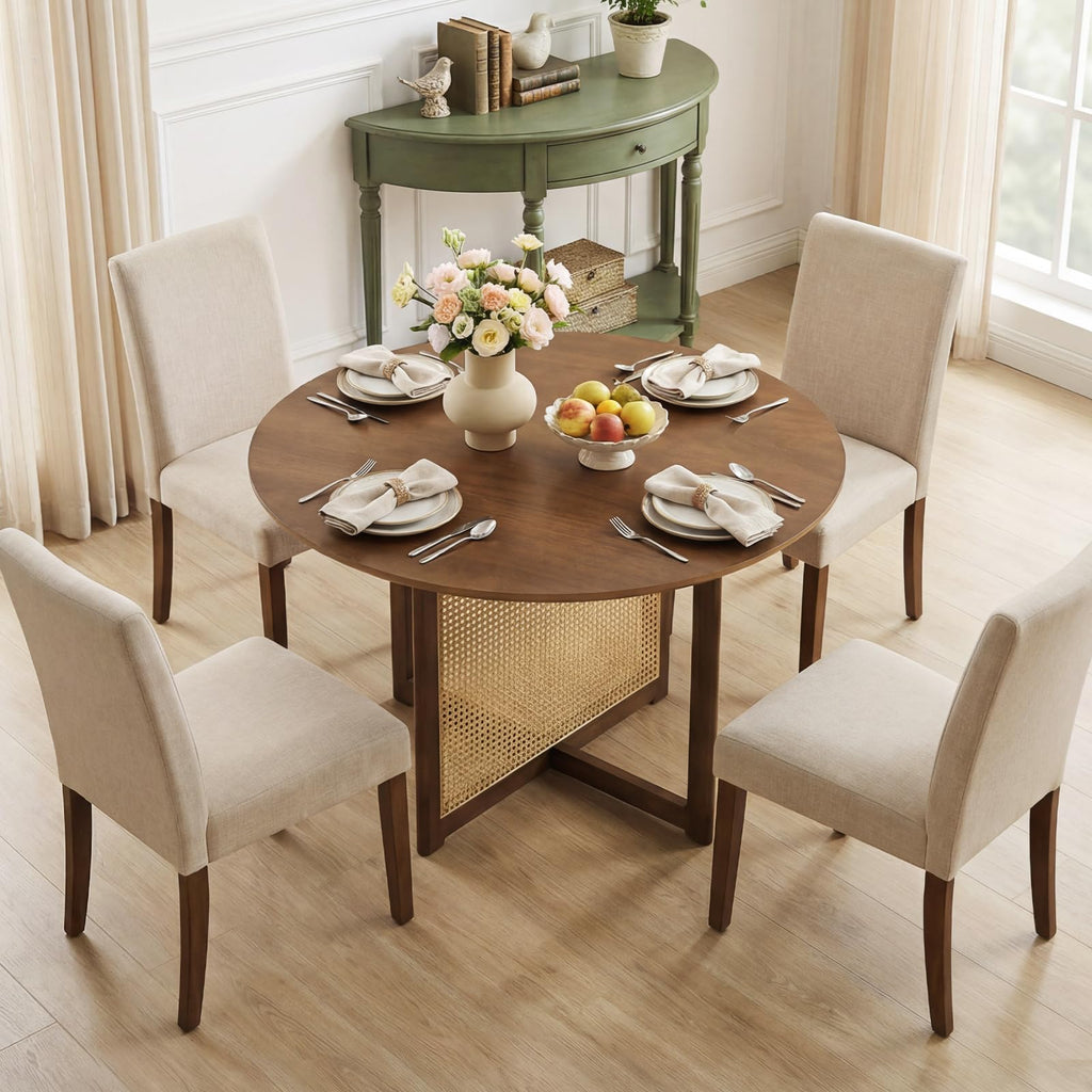 37.5" Round Dining Table for 2-4, Farmhouse Kitchen Table with Solid Rubberwood Pedestal & Rattan Base, Modern Small