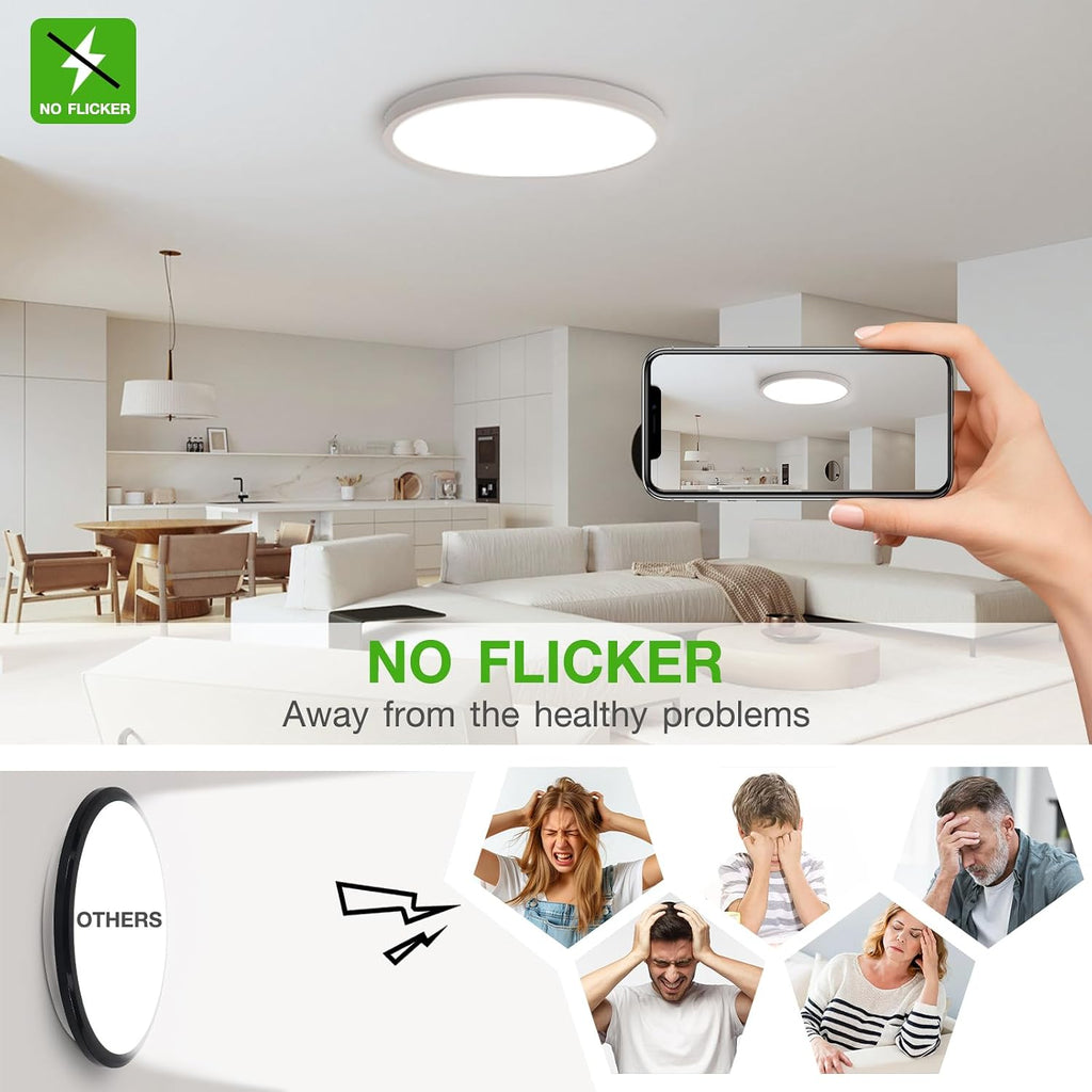 12 Inch White LED Flush Mount Ceiling Light Fixture (2 Pcs) | 24W 2640LM, Dimmable Light, Compact Ultra-Thin Design