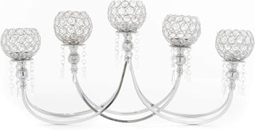 Quintette Candle Holder 5-Arm High Gloss Metallic Metal Tabletop Chandelier with Crystal Dangles, Candelabra, Candle