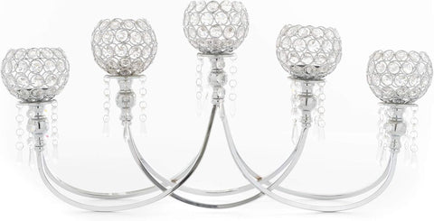 Quintette Candle Holder 5-Arm High Gloss Metallic Metal Tabletop Chandelier with Crystal Dangles, Candelabra, Candle