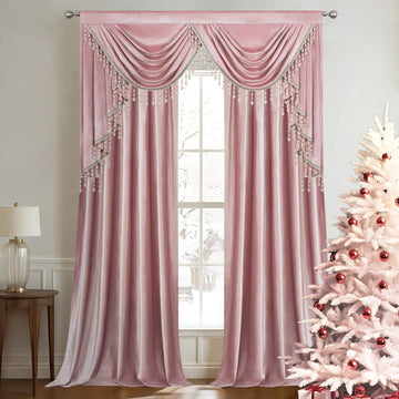 Vintage Velvet Drapes, Room Darkening Waterfall Valance Curtains Set, Retro Pink Solid Window Treatment