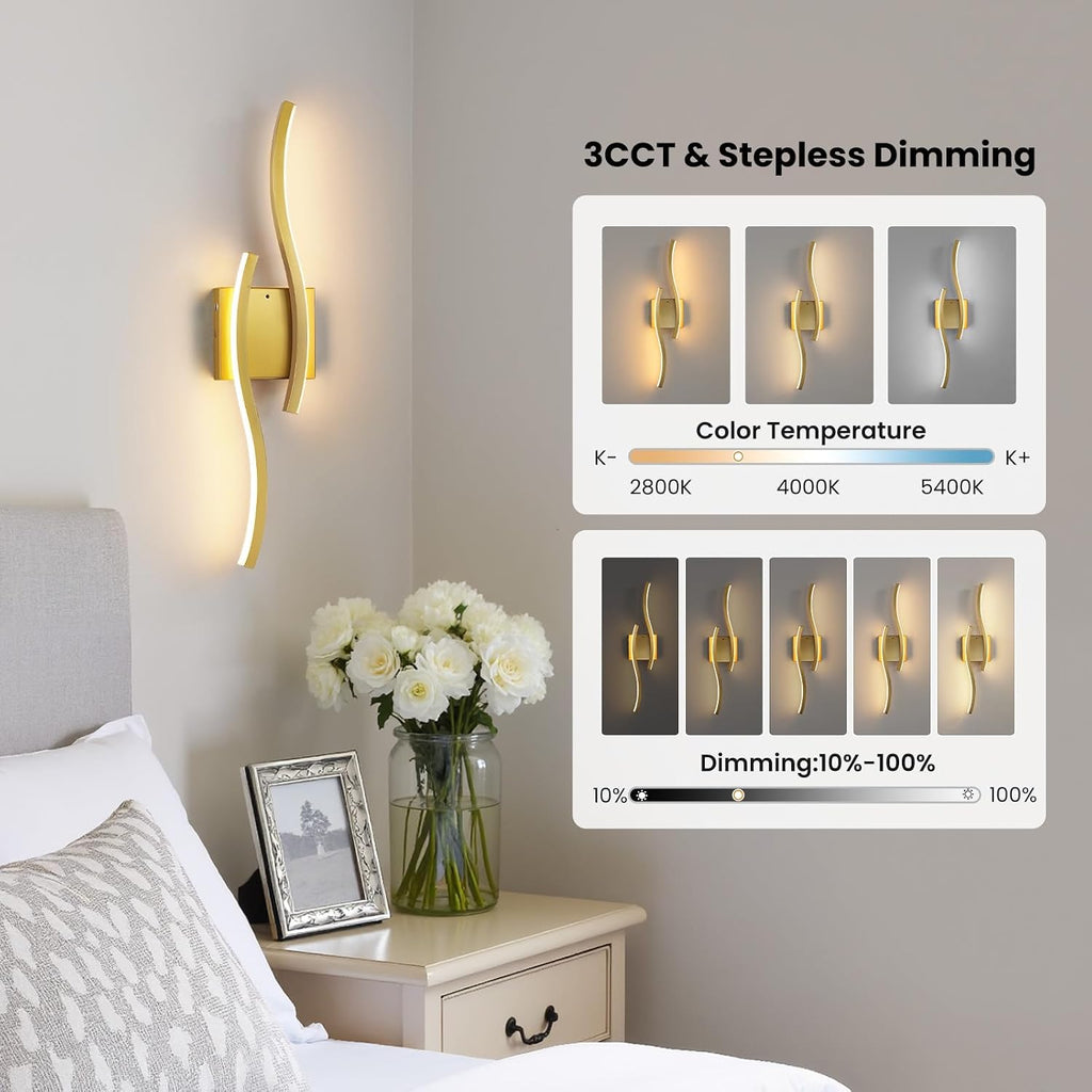 Gold Battery Operated Wall Sconces: 23.6 Inch Rechargeable Wall Sconce Set of 2 with Remote Control/3 Colors/10-100%