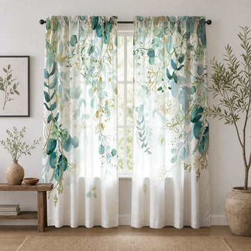 Gold Green Curtains 84 Inches Long Sage Green Leaves Light Filtering Curtain White Floral Drapes Farmhouse Leaf Retro