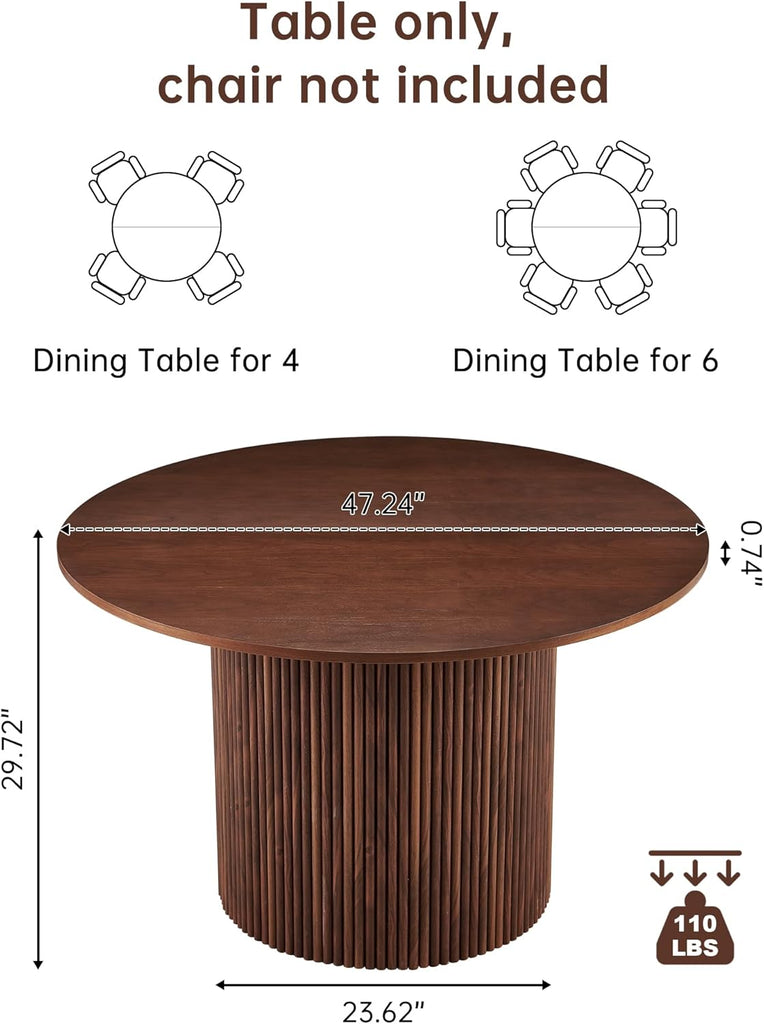 47 Inch Round Dining Table with Walnut Veneer, Rustic Farmhouse Style Kitchen Dinner Table for 4 - 6 People, MDF Core
