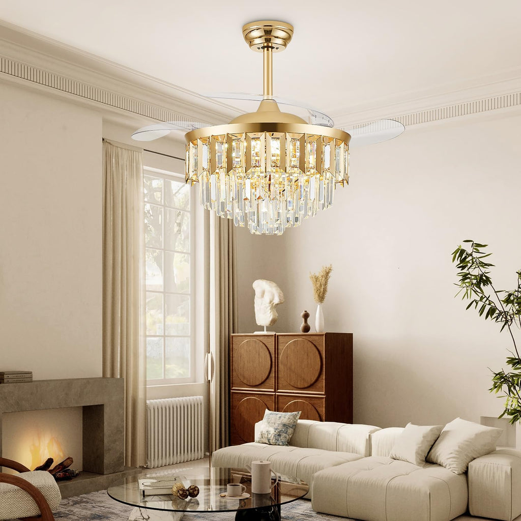 42" Fandelier Ceiling Fan with Light, Crystal Chandelier Fan with Retractable Blades Dimmable Crystal Ceiling Fan
