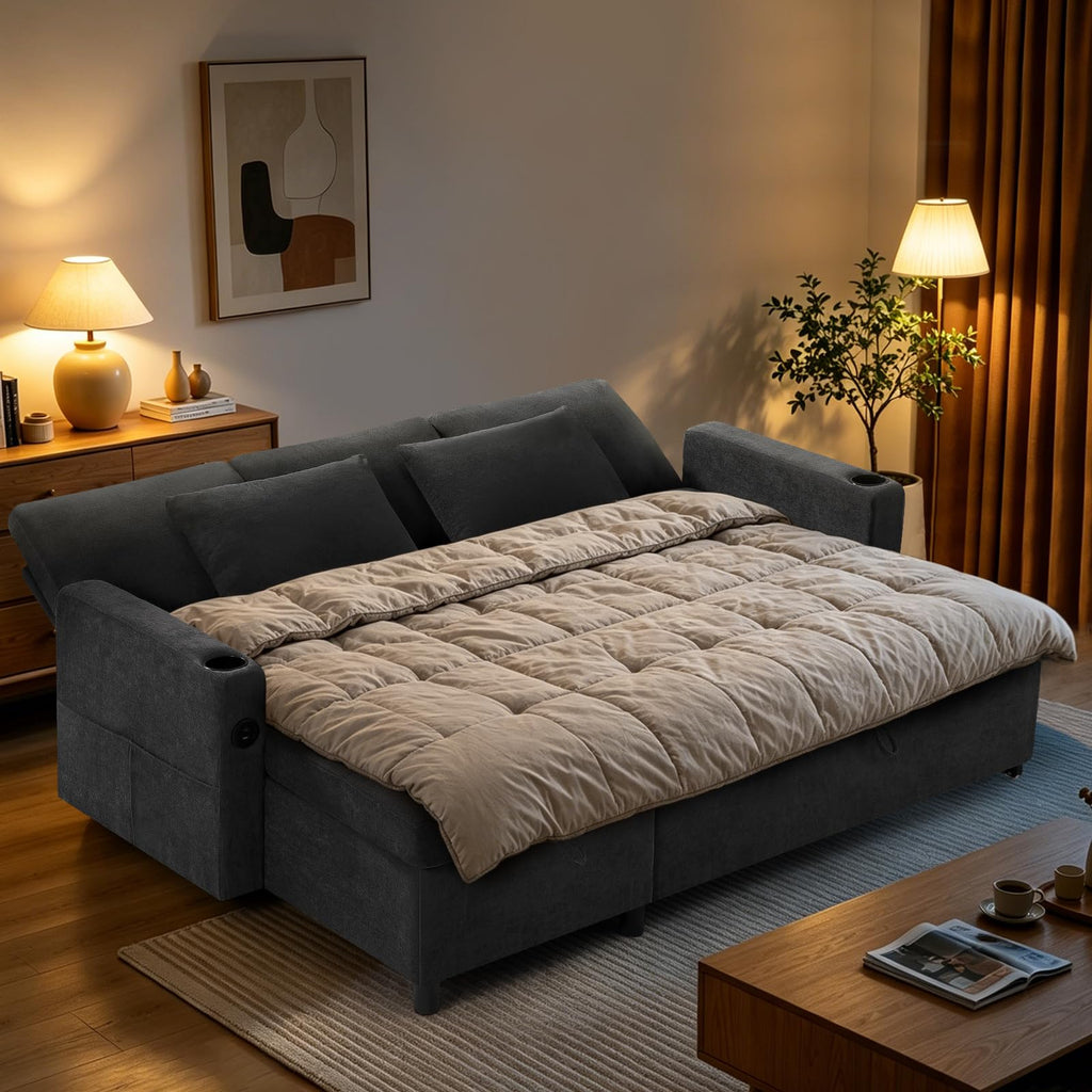 84" Sectional Pull Out Sofa Bed with Adjustable Backrests, Grey