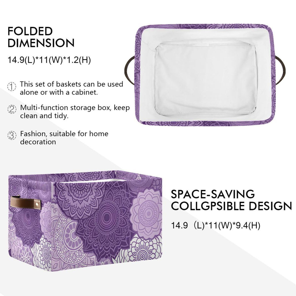Large Storage Basket Bin Purple Mandala Boho Storage Cube Box Foldable Canvas Fabric Collapsible Organizer with