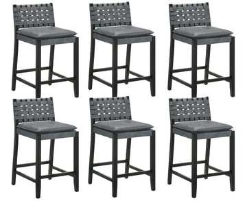 Mid Century Rattan Bar Stools Set of 6 Modern Farmhouse Barstools with Leather Woven Backs 26 Inch Black Wooden