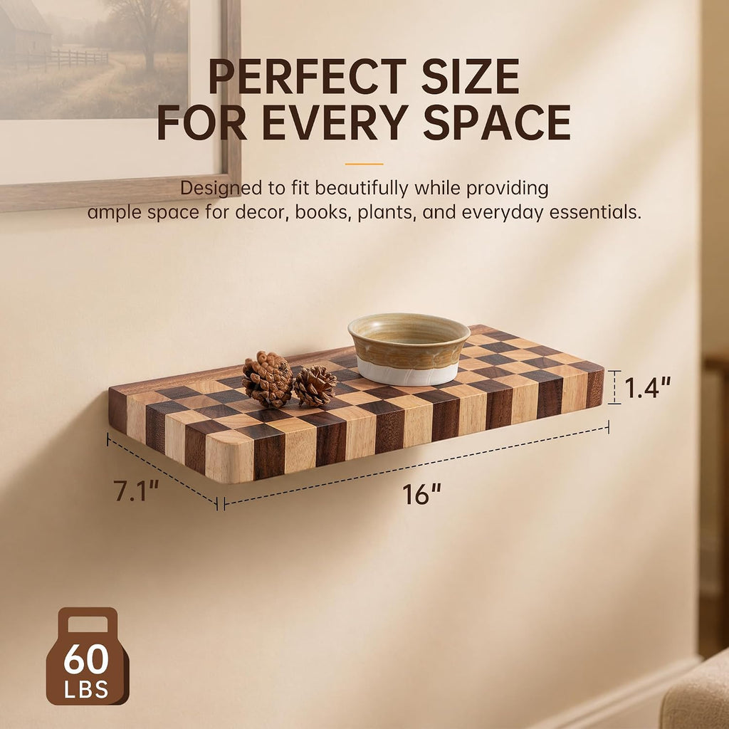 Floating Shelves for Wall, Solid Checkered Wood Wall Shelves 16 Inch | Heavy-Duty, Invisible Bracket, Solid Wood