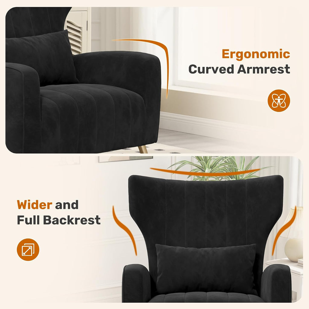 Black Velvet Accent Chair Set of 2, Wingback Chair , High Back Arm Chair with Golden Legs Lumbar Pillow, Upholstered