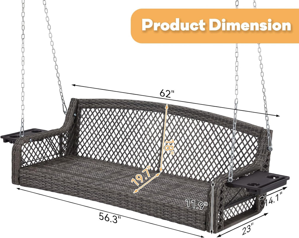 3 Seat Porch Swing, Wicker Patio Swing with Cup Holders & Cushions | Yard Hanging Swing with Chains for Deck Garden