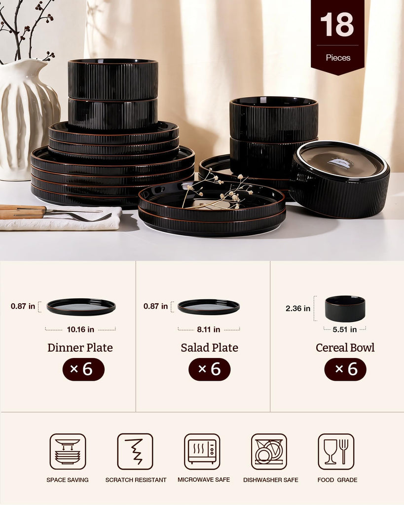 Line Porcelain Dinnerware Set, dish set for 6, Black