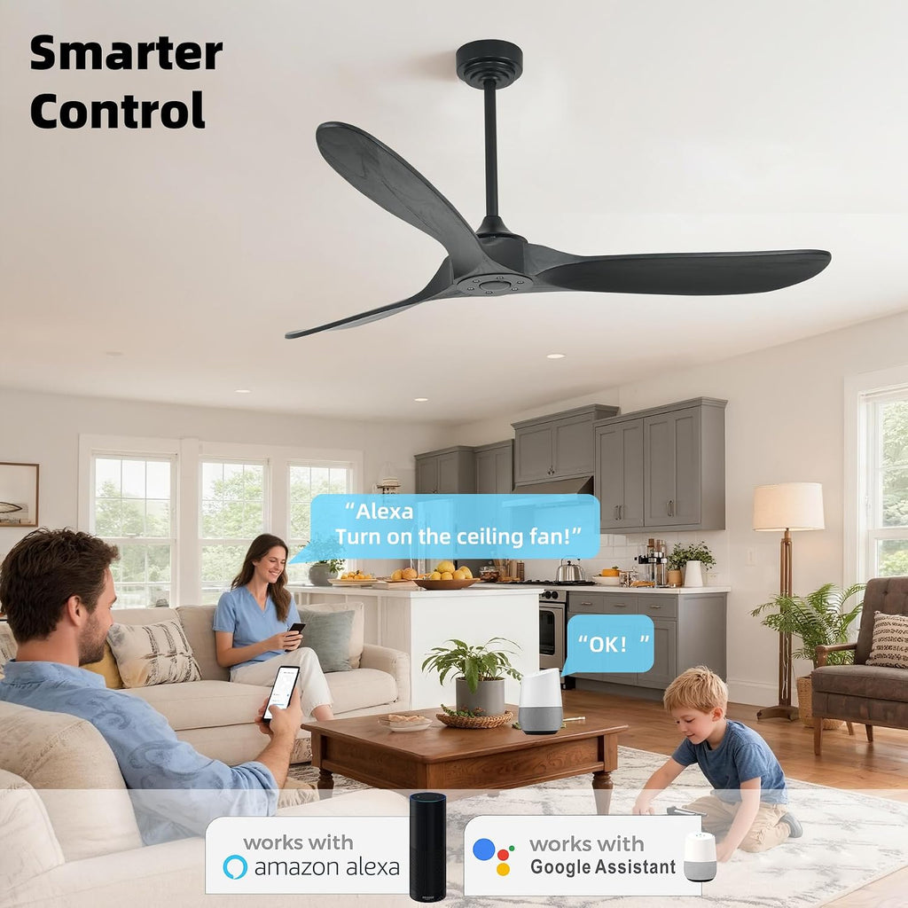 Outdoor Ceiling Fan Without Light, 60 Inch Smart Ceiling Fan with Remote & Voice Control for Compatible with Alexa/Google, 3-Blade Wood Fan, Quiet DC Motor, 6 Speeds for Patio, Porch, Farmhouse