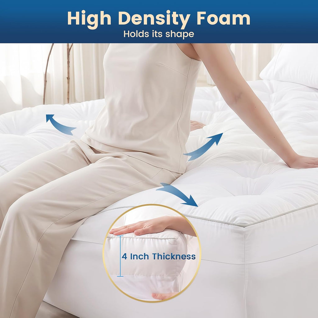 4 Inch Memory Foam Mattress Topper Full Size for Back Pain Relief | Quilted Pillow Top Fitted Mattress Pad with 360°