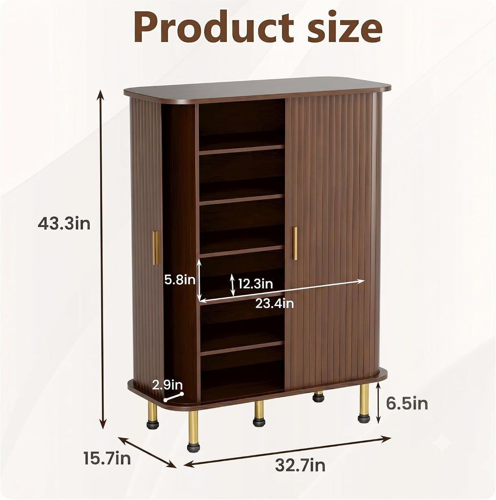 6-Tier 33'' Shoe Cabinet with Sliding Door, Wooden Shoe Storage Cabinet with Adjustable Shelves, Mid-Century Modern