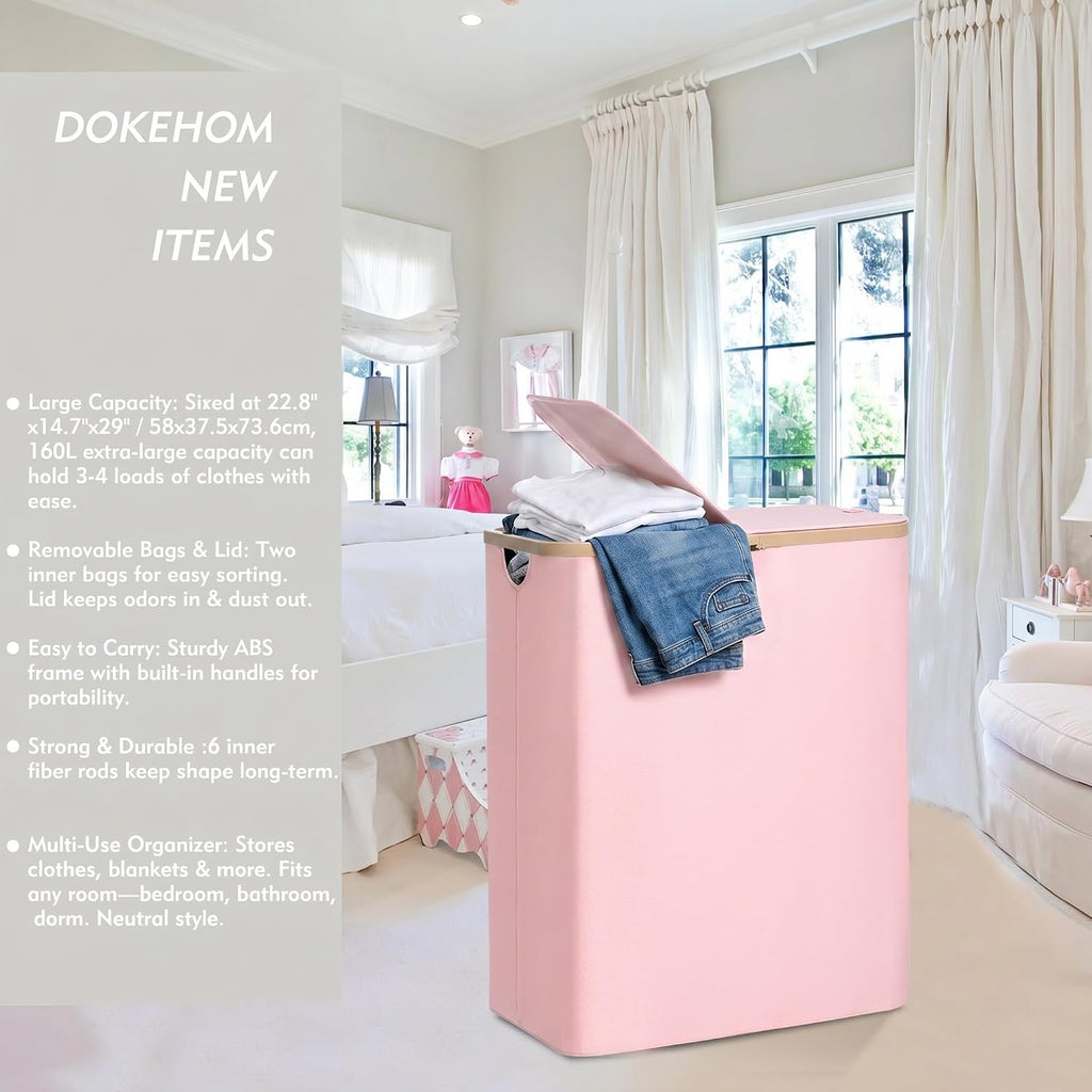 160L Double Laundry Basket Hamper with Lid & Removable Bags, Pink | Extra large 2-section collapsible clothes hamper