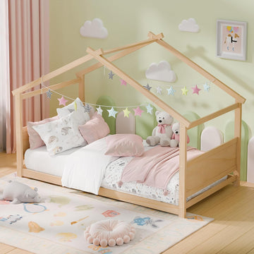 Tw Bed, Montessori Floor Bed with Headboard & Footboard, Solid Wood Bed Frame for Toddlers Kids Bedroom, Natural