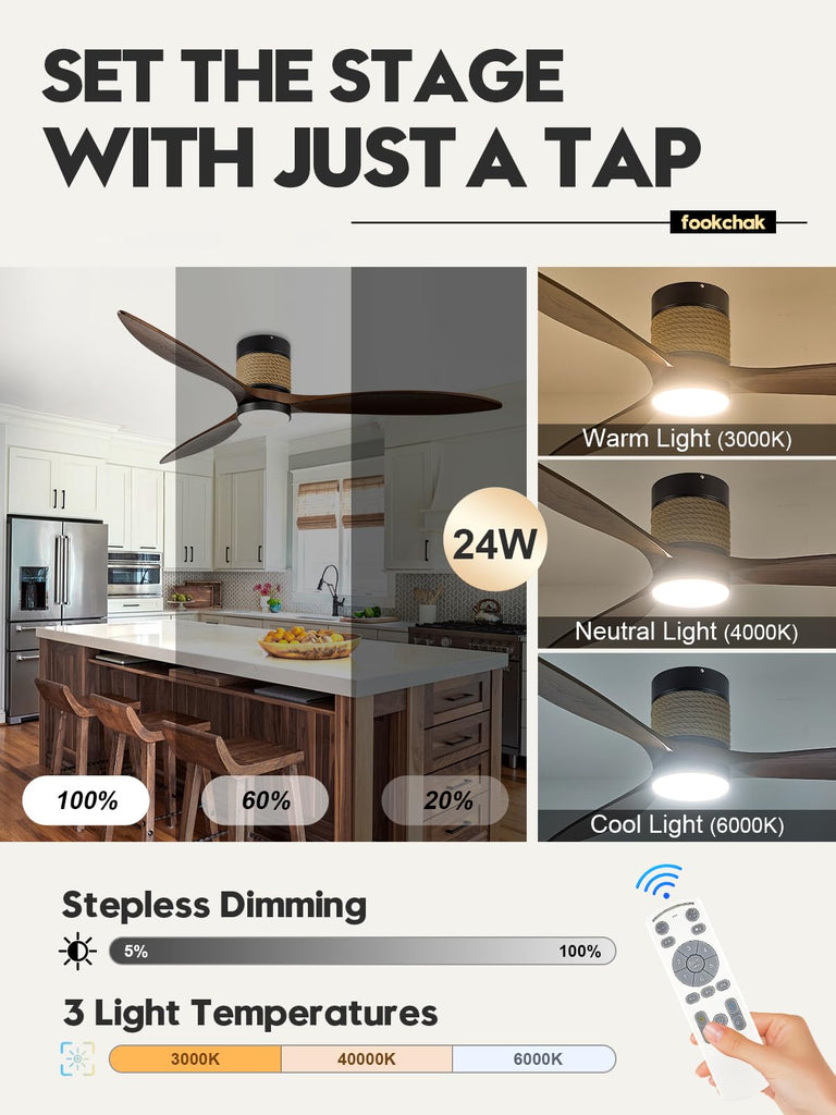 60in Dimmable Flush Mount Ceiling Fans Light with Remote Control 3 Blade Farmhouse Hemp Rope Ceiling Fan with Light