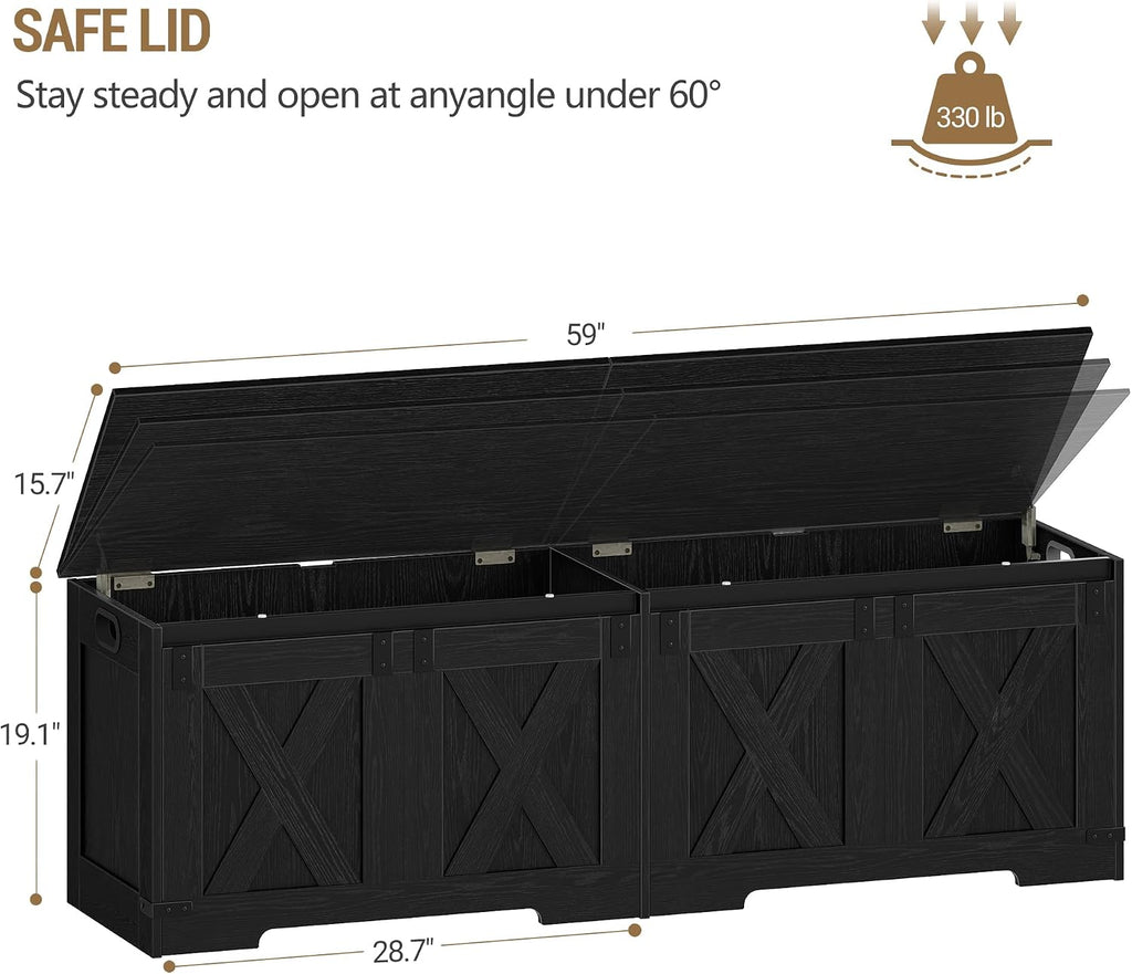 59" Storage Bench, Lift Top, 268L/70 Gal Large Chest | | Rustic Black, Farmhouse, FSC Wood, 330lb, Double Hinges