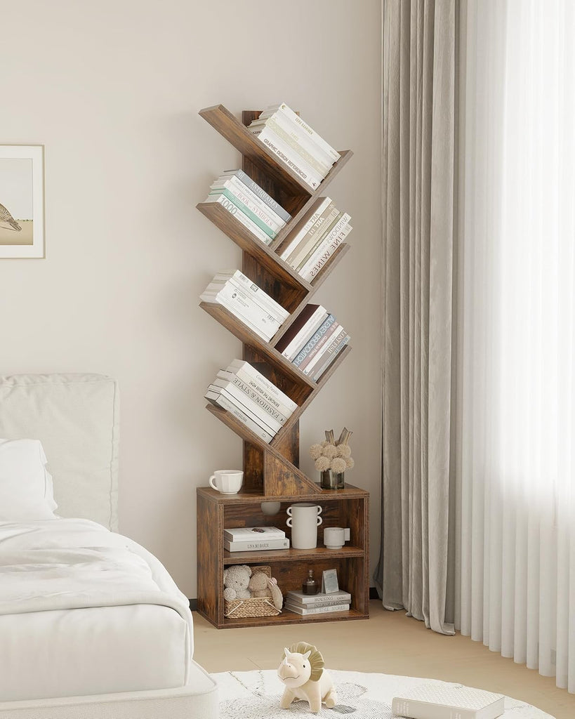 6 Tier Tree Bookshelf, Small Bookcase with Storage Cabinet, Modern Tall Narrow Bookshelves Organizer