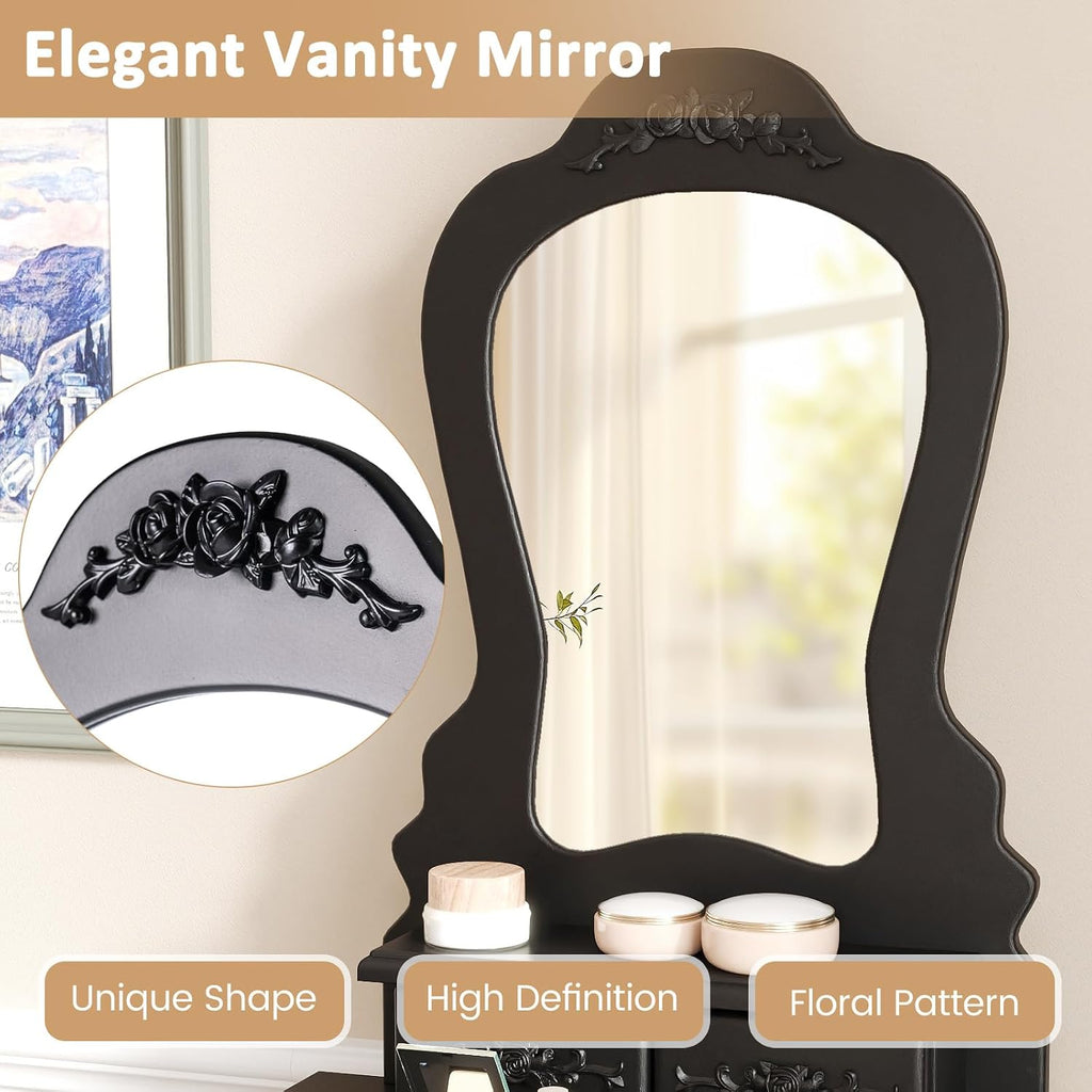 Small Vanity Desk Set, Black Makeup Vanity Table with Mirror, Cushioned Stool, 3 Storage Drawers, 20 inch Girls