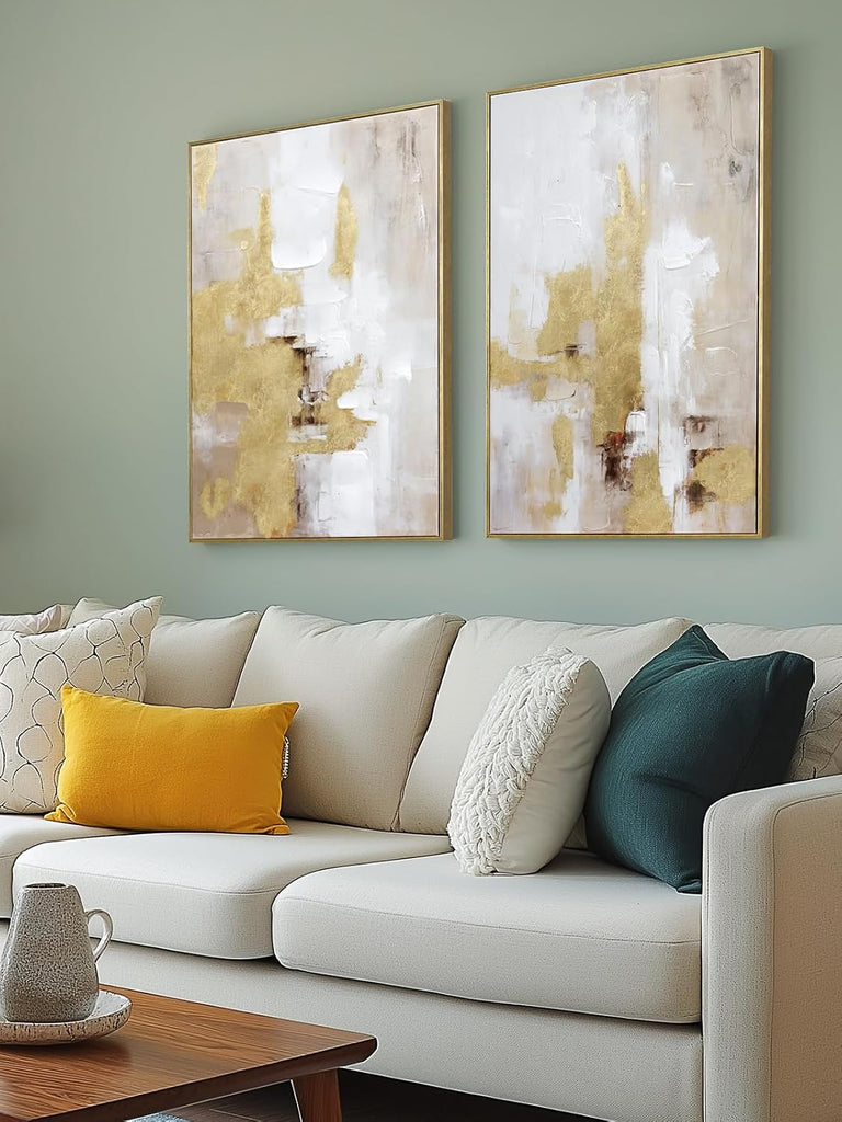 Abstract Gold and Beige Canvas Wall Art - 2 Piece Framed Prints with Hand-Painted Texture - Neutral