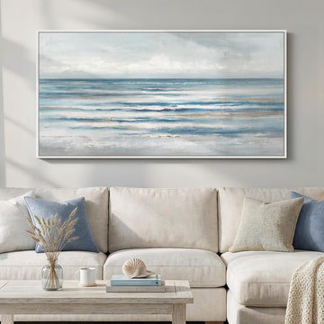 Large Framed Coastal Abstract Landscape Wall Art , Horizontal Beach Wave Scenic Canvas Artwork for Walls, Ocean