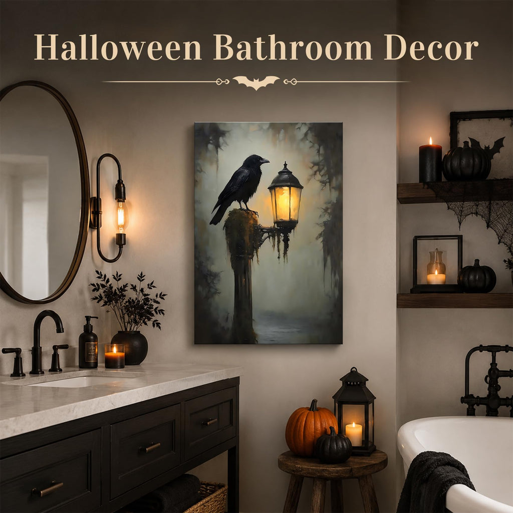 Framed Halloween Raven Canvas Wall Art Gothic Bird with Lantern Artwork, Vintage Dark Canvas Prints Wall Decor