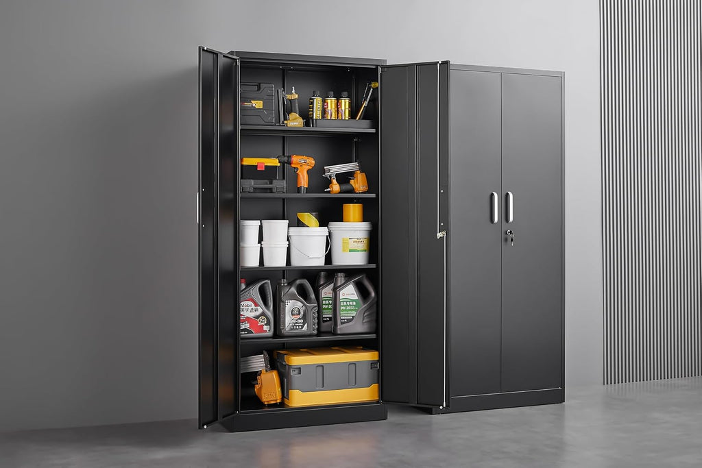 Metal Storage Cabinet with Adjustable Shelves, Garage Cabinet with 2 Lockable Doors, Garage Storage Cabinet, Kitchen