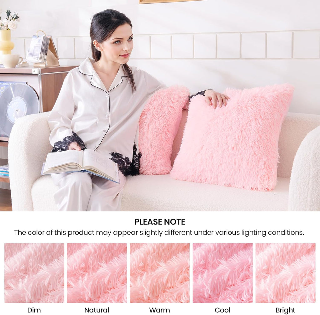 Faux Fur Pink Throw Pillow Covers, Fluffy Soft Fuzzy Decorative Pillow Cases Cute Pillowcases, Zipper Closure, Set of
