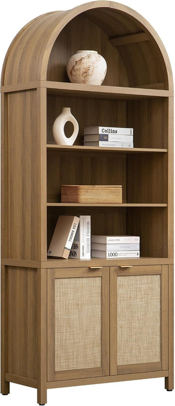 84.2" Tall Arched Bookcase with Doors - 5 Tier Rattan Bookshelf