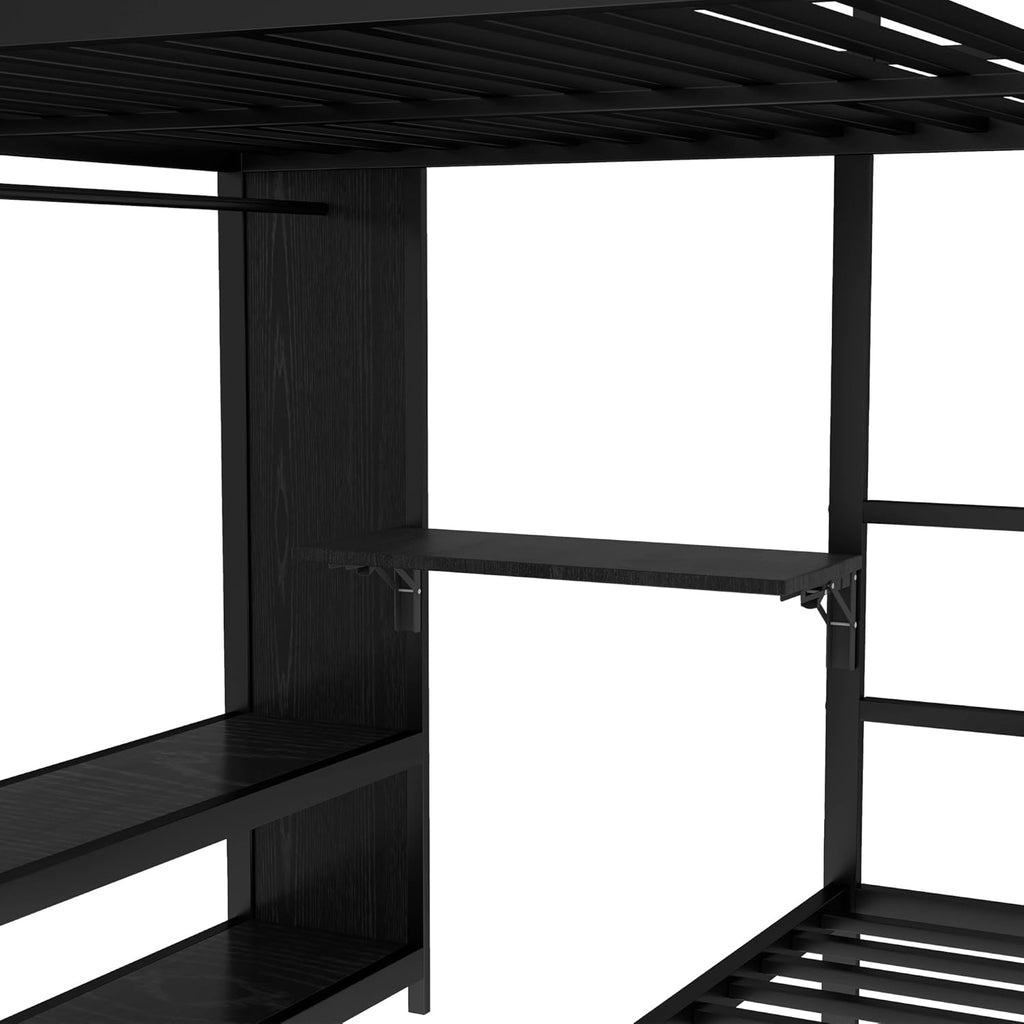 Queen Over Twin XL bunk Bed with Foldable Desk and Wardrobe and Twin Trundle, loft Bed with Desk and Desk