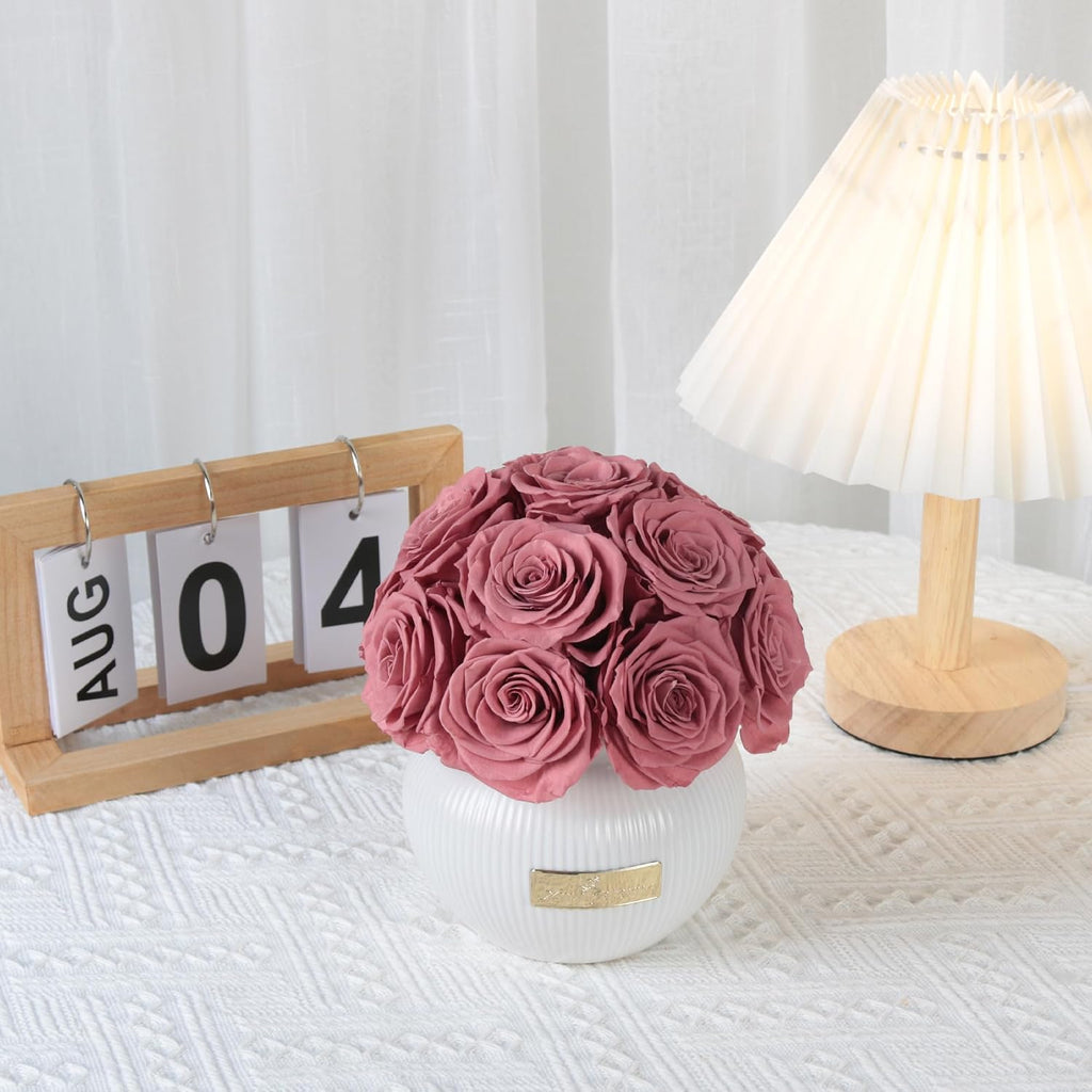 Preserved Roses,Weeding Flowers,Table Centerpiece Flowers,14Pcs Long Lasting Real Rose in Ceramic Vase,Table Flowers