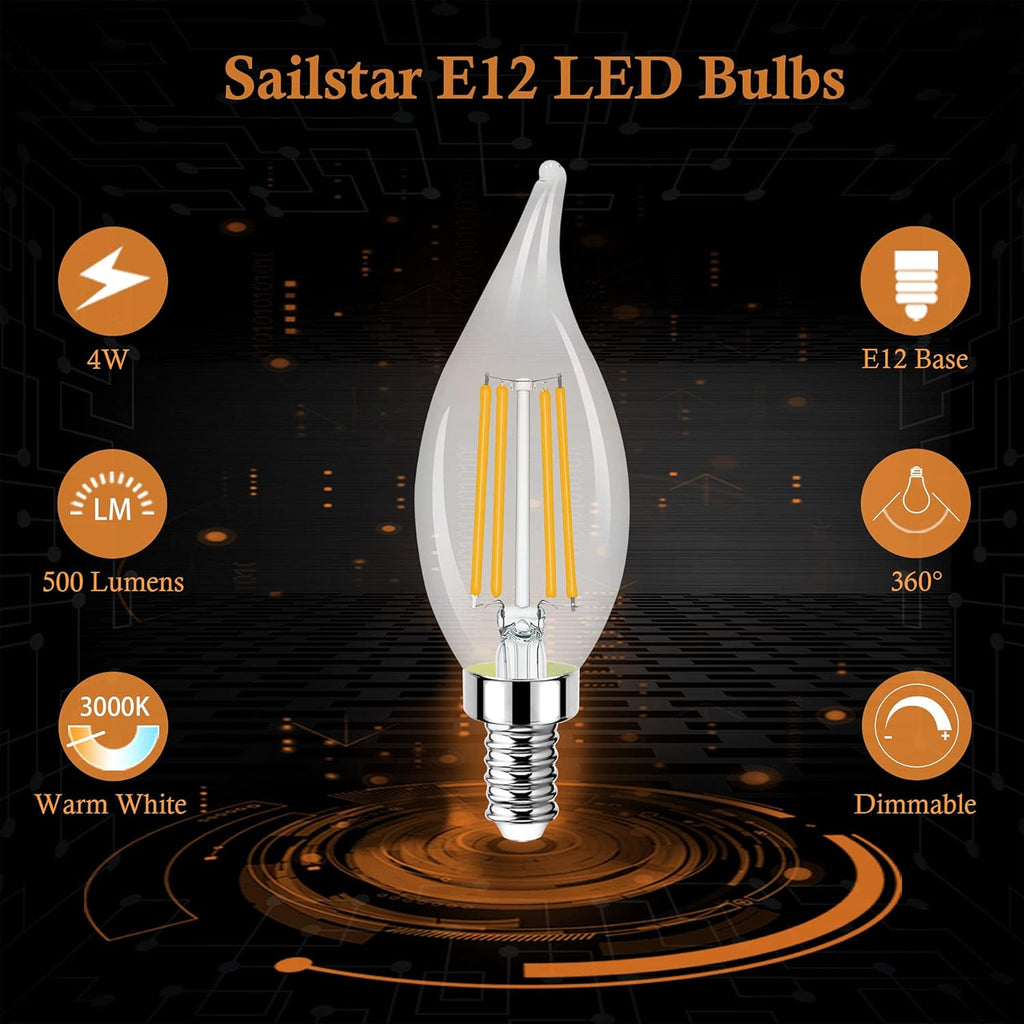 E12 LED Candelabra Bulbs Dimmable, 60 Watt Equivalent 3000K Warm White Chandelier Light Bulbs, 4W Filament Candle LED