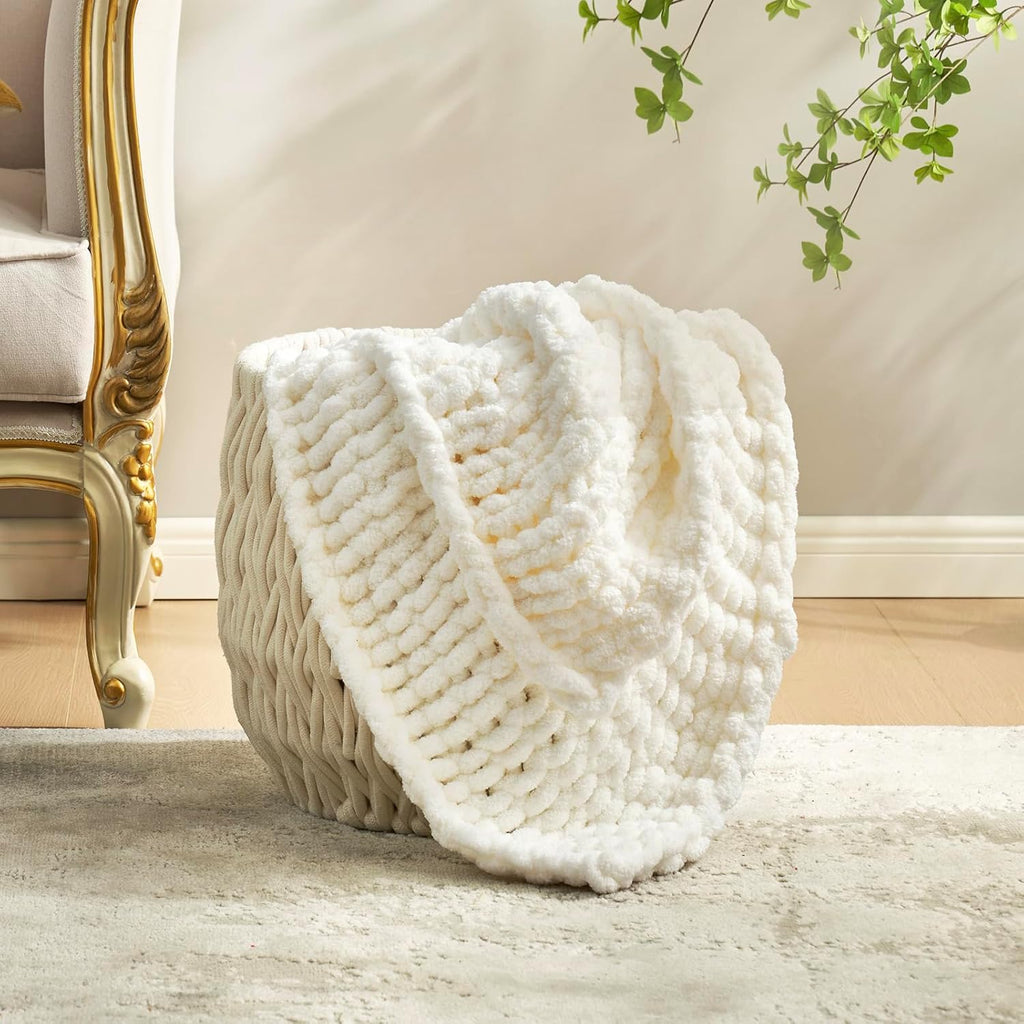 Chunky Knit Throw Blanket, Soft Chenille Handmade Crochet Throw Rope Knit Blanket, 40"x50", Ivory
