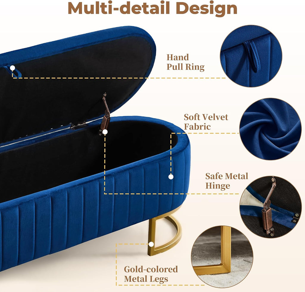 Storage Ottoman Bench, 63" Velvet End of Bed Bench Bedroom Bench King Size with Golden Metal Legs, Upholstered