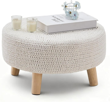 Pouf Ottoman, 100% Cotton Knitted Boho Footstool, Round Footrest with Non-Skid Wood Legs, Home Décor Pouffe, Leisure