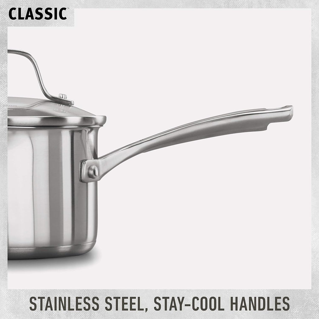 Classic Stainless Steel Cookware Set, 10-Piece, Impact-Bonded Aluminum Base, Stay-Cool Handles, Oven Safe 450F, Silver