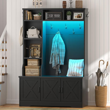 Hall Tree with Bench and Shoe Storage, Farmhouse Entryway Bench with Coat Racks and Led Lights, Black Tall Hall Tree