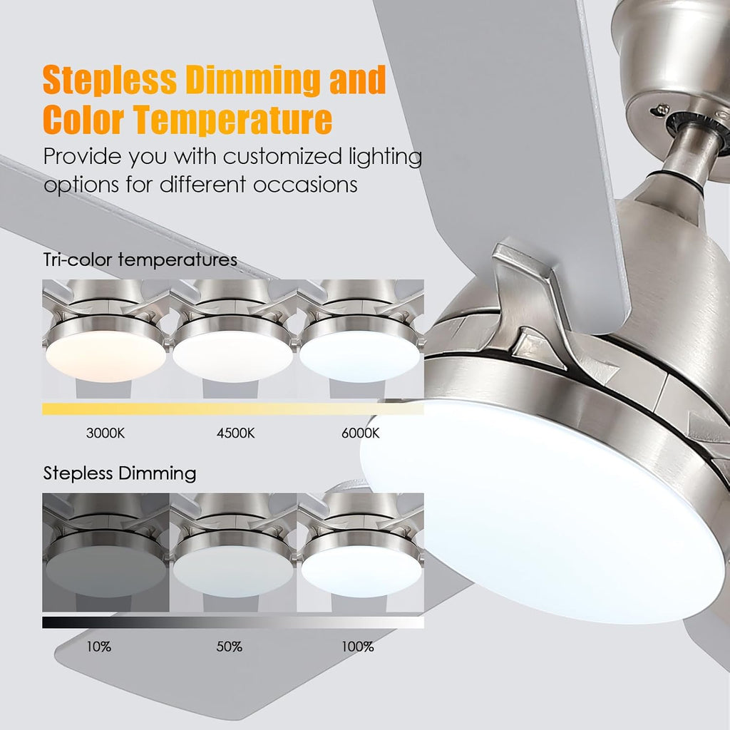 Ceiling Fans with Lights, 52 Inch Low Profile Ceiling Fan with Light and Remote Control,Reversible, 3CCT, Dimmable, Quiet, Brushed Nickel Ceiling Fan for Bedroom Indoor/Outdoor Use