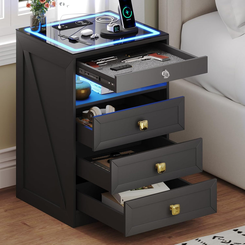 Smart Nightstand with Lockable Gun Drawer,Farmhouse Bedside Table with Charging Station and 3 LED Lights, Modern