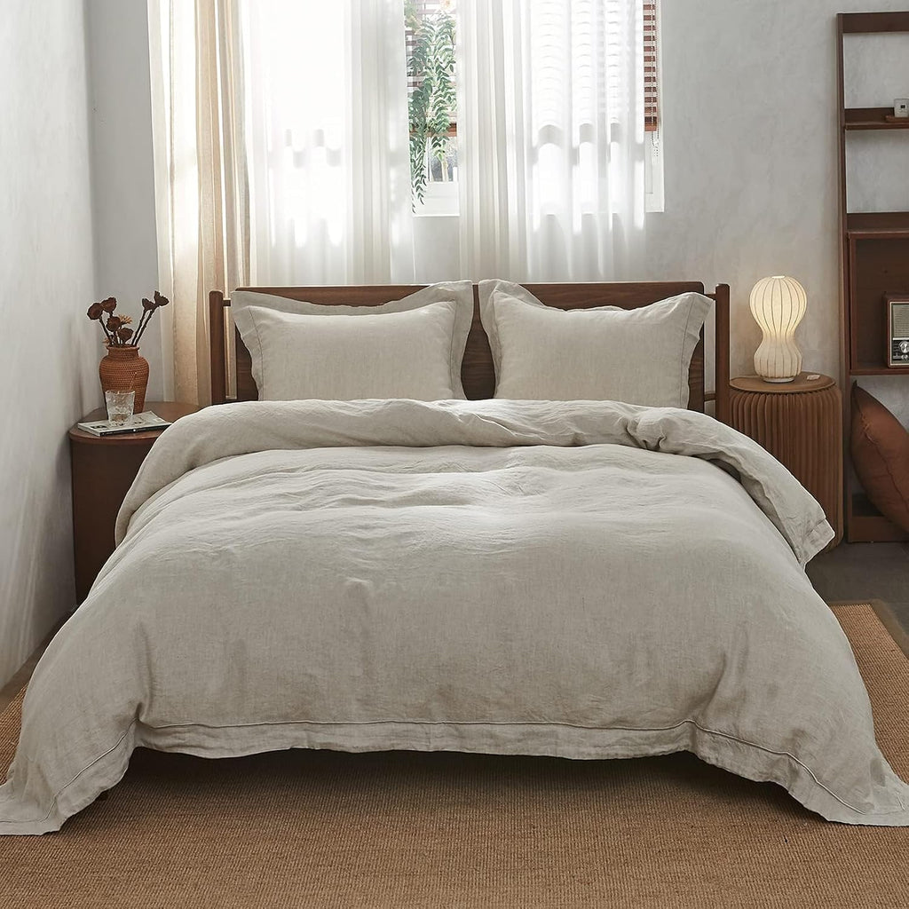 100% French Linen Duvet Cover Set with Embroidered,3 Pcs Washed Soft Farmhouse Bedding Set with Button Closure,1 - Set of 3