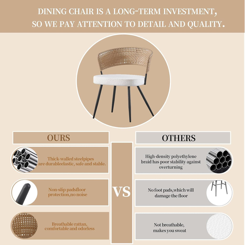 Rattan Dining Chairs Set of 4, Wicker Dining Chairs Set of 4 with PE Rattan Back,Wing Back Kitchen Chair with Boucle